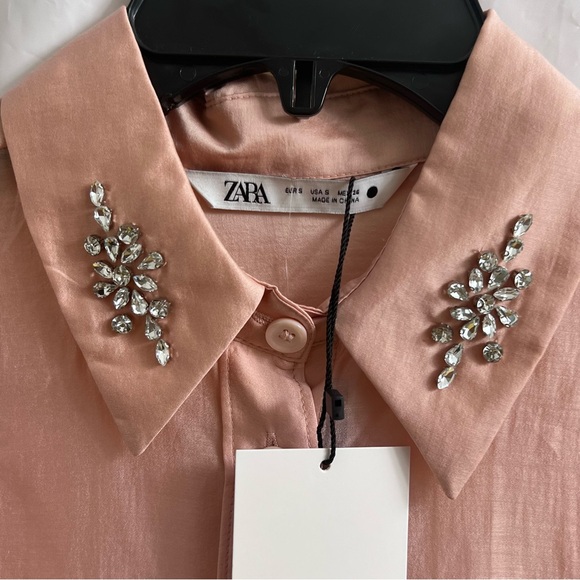Zara Rhinestone Embellished Button Up Shirt Pink Blush Small - Picture 4 of 12